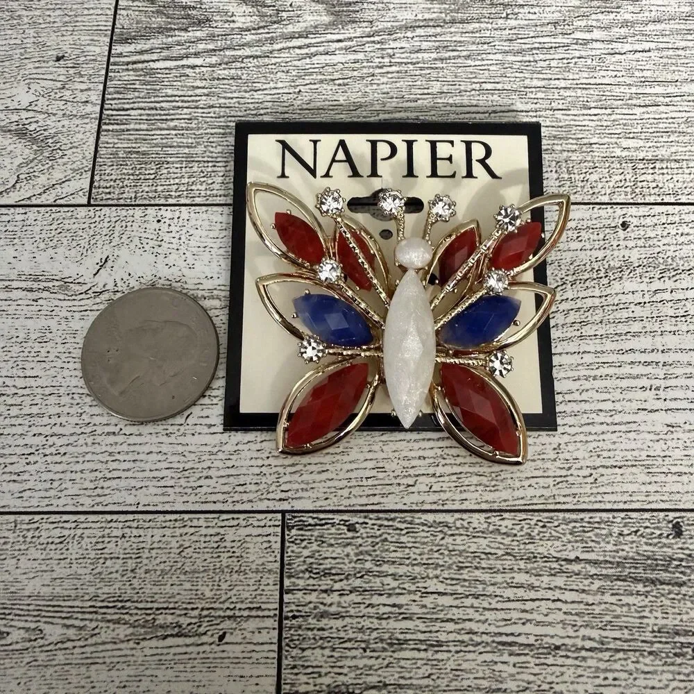 Napier Patriotic Butterfly Pin Brooch Red White Blue USA Gold Tone 4th July New
